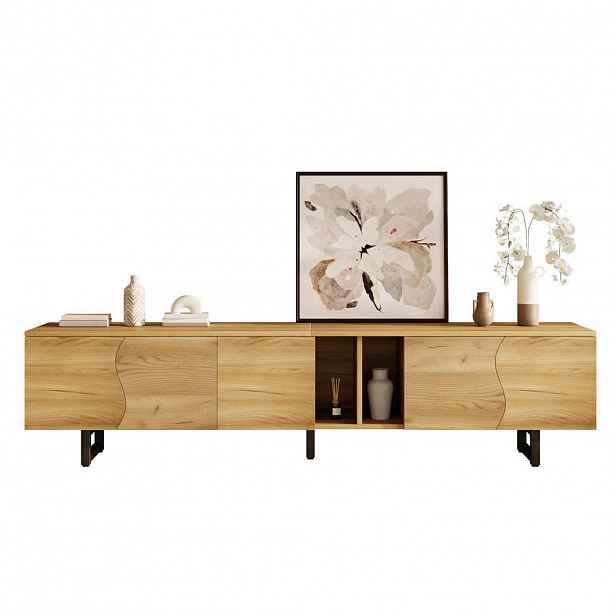 Modfu TV stolek z MDF a dřevotřísky 191x38x46,5 cm přírodní s úložnými skříňkami, otevřenými policemi a oblými dvířky