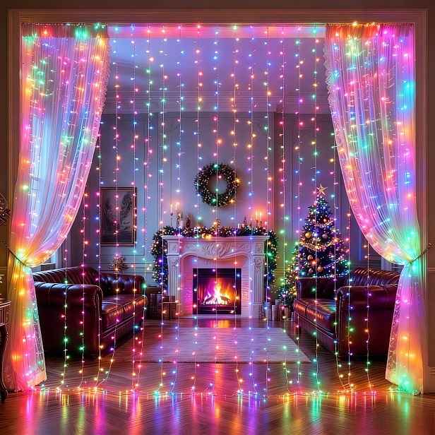 TEMU 1 ks, Okouzlující barevné závěsové světla s 300 LED diodami, 9,8x9,8 stop, napájené přes USB, s 8 blikajícími režimy - Vnitřní řetězová světla