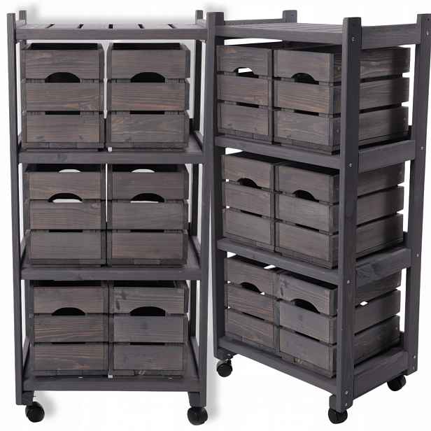 Dřevěný regál na kolečkách 6 Boxů stojan na boxy pojízdný regál Eko