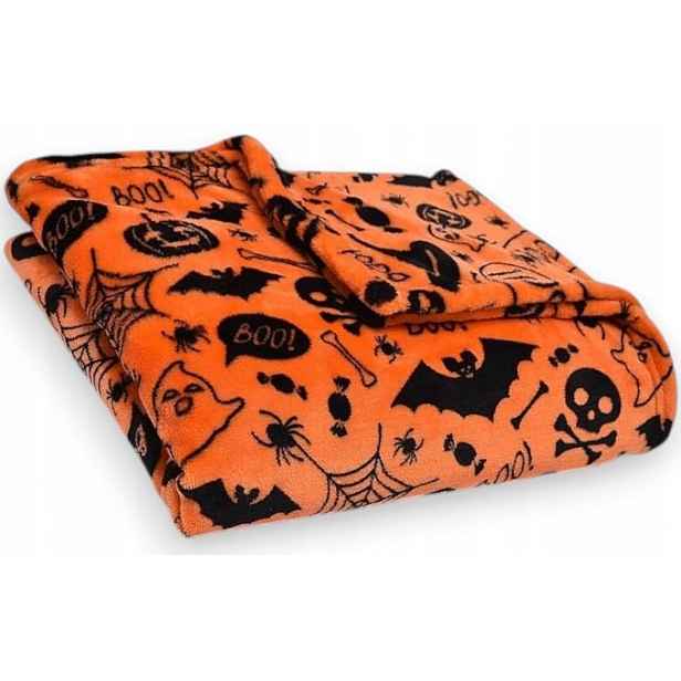 Halloweenská Deka Lebka Oranžová Měkká 120X150, Oboustranná, Netopýr Dýně