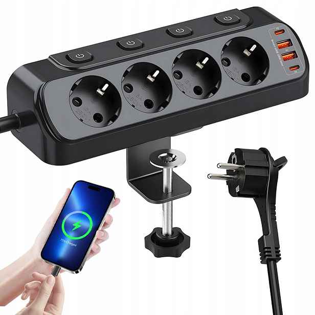 Prodlužovací Kabel Zásuvková Lišta 4 Zásuvky 4 x Usb S Vypínači Černá 2M
