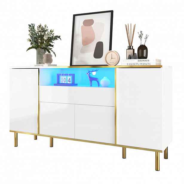 Modfu KOMODA z MDF a dřevotřísky 150x40x80 cm bílá s LED osvětlením, 4 dvířky, zásuvkou a zlatými detaily