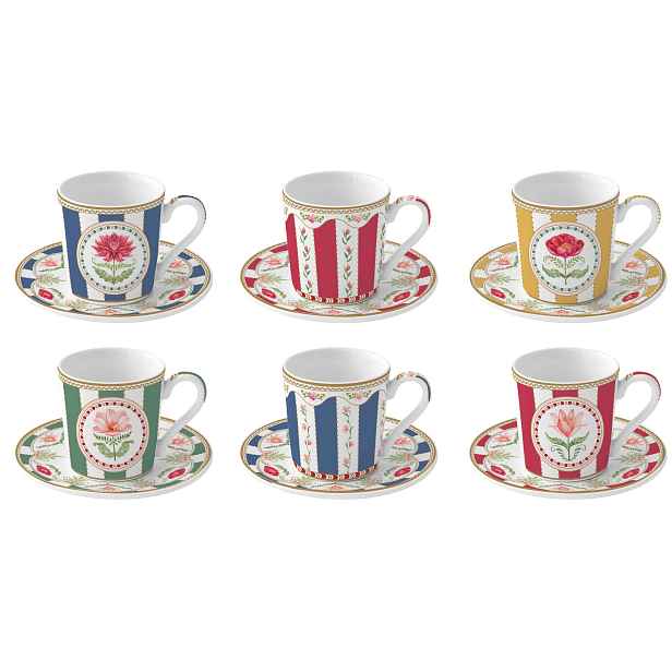 Sada porcelánových šálků 100 ml 6+6 ks s barevnými proužky a motivem květin