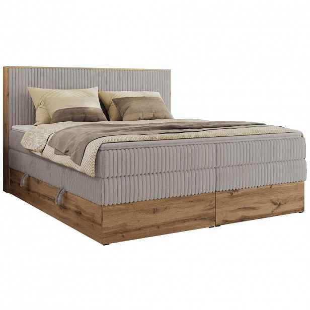 MKS POSTEL BOXSPRING WOOD CLASSIC KING 180/200 - Světle šedá Manšestr - H3