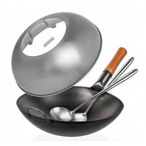 Yosukata Wok Kulaté dno 36 cm Sada víka Špachtle Naběračka Plyn Bbq
