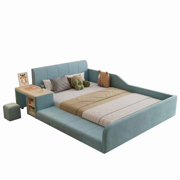 CHICFURN ČALOUNĚNÁ POSTEL 140/200 cm v modré barvě se stolkem a taburetem