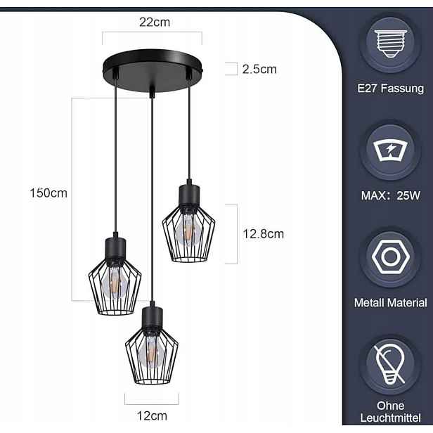 Závěsná lampa lustrová stropní svítidlo na strop černá Led E27 industriální