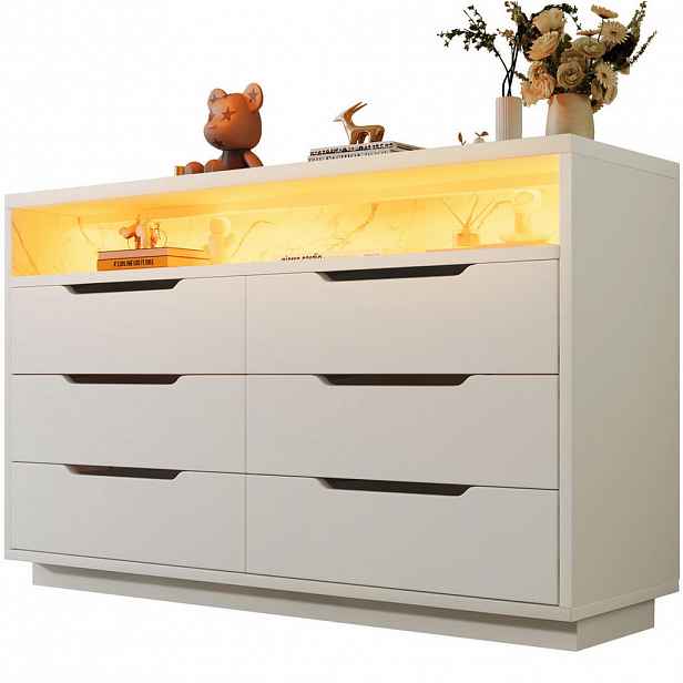 Modfu KOMODA z dřevotřísky 120x85x40 cm bílá s LED osvětlením, 6 zásuvkami a otevřenou přihrádkou