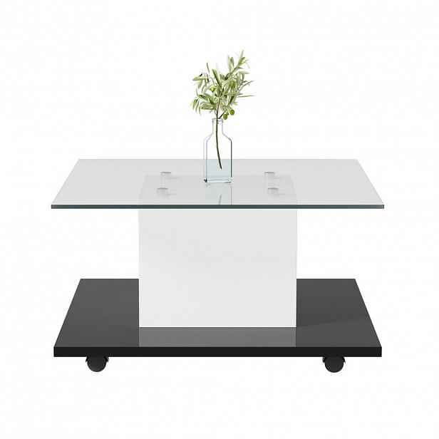 OKWISH KONFERENČNÍ stolek 80/80/40 cm bílý a černý z dřevotřísky a tvrzeného skla s LED a kolečky