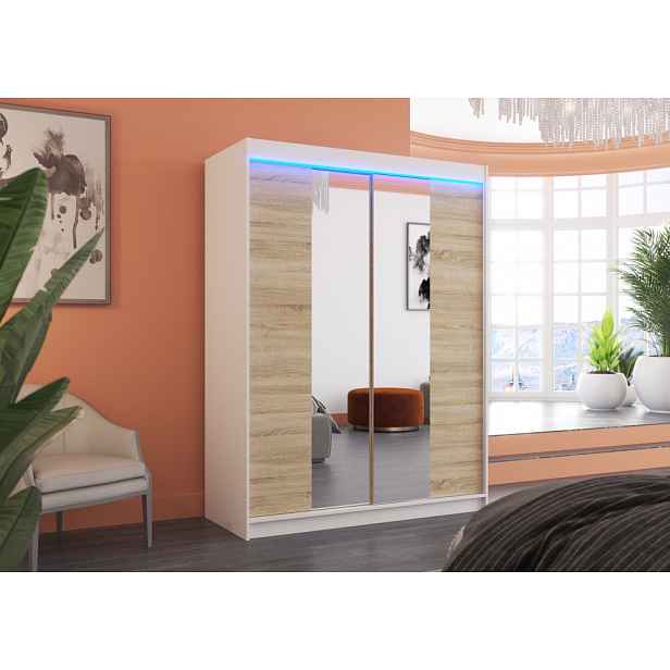 Šatní skříň se zrcadlem 150 cm s LED osvětlením CAFA - bílá / dub sonoma