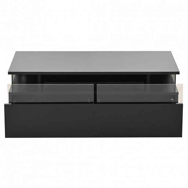 OKWISH KONFERENČNÍ stolek 90/45/35,5 cm černý z MDF a skla s LED osvětlením a 2 zásuvkami