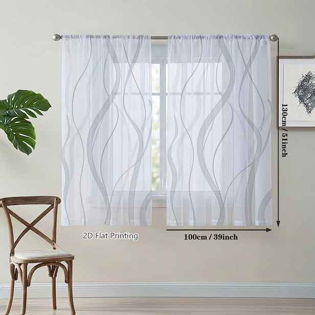 TEMU 2D ploché - 2D ploché, 2 ks Malé poloprůhledné průsvitné závěsy, splývavé vlnité linky Abstraktní minimalistické dekorativní závěsy do kaváren,