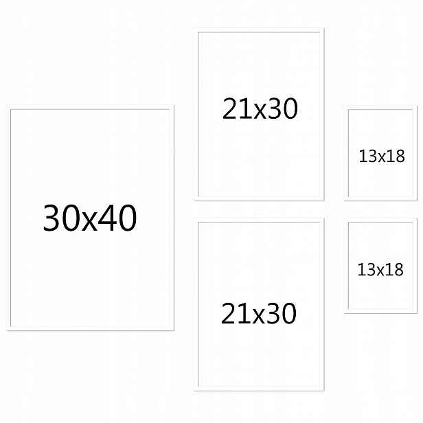 Bílé rámečky na fotografie sada 5ks 30x40, A4 21x29,7, 13x18, vícerámový rám