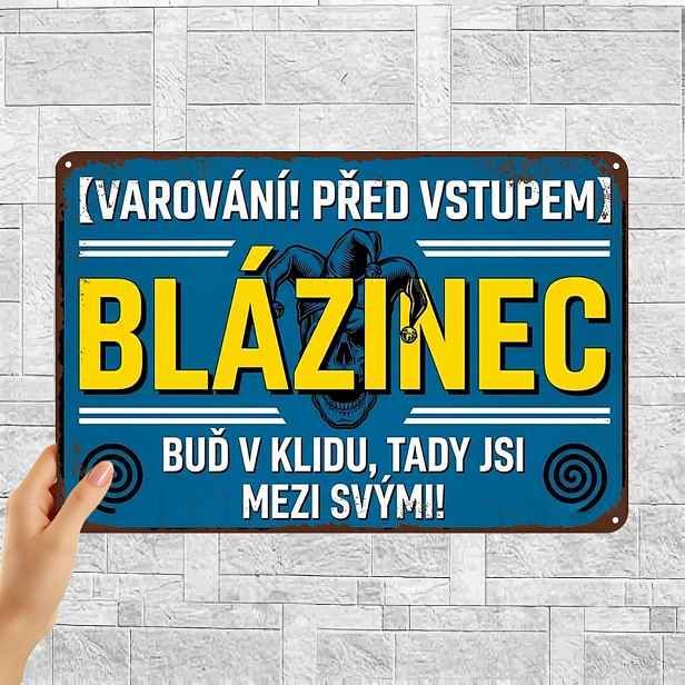 TEMU 2D plochá 1ks, "Blázinec - Železná cedule: 'Udržte klid, jste mezi svými!' - Vintage česká kovová nástěnná dekorace" 8×12 palců