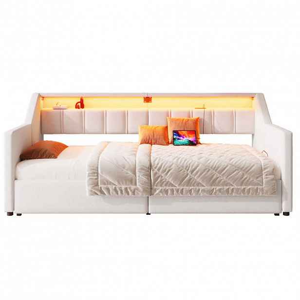 WISHDOR ROZKLÁDACÍ POHOVKA 90/200 cm & 180/200 cm v béžové lněné látce se 2 zásuvkami, LED osvětlením a USB