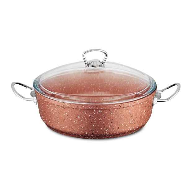 Růžový nízký hliníkový hrnec s poklicí Güral Porselen Classic, ø 26 cm