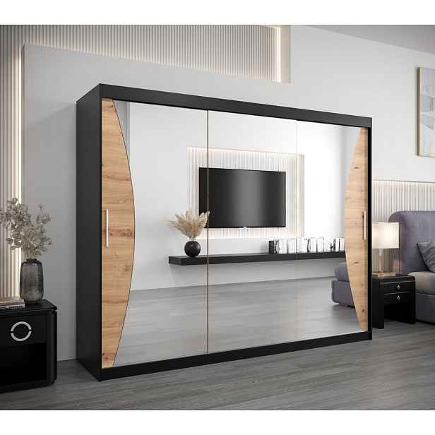 Skříň s posuvnými dveřmi AJA - šířka 250 cm, černá / dub artisan