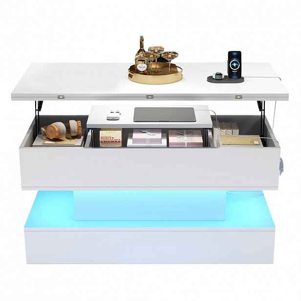 OKWISH KONFERENČNÍ stolek 100/50/51,5 cm bílý z dřevotřísky se zdvihací deskou a LED