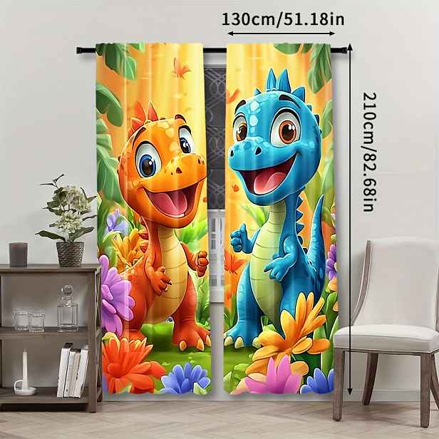 TEMU 2 ks, roztomilé závěsy s potiskem kreslených dinosaurů, odolný polyester, snadná instalace pro obývací pokoj, ložnici, kuchyň a dekoraci