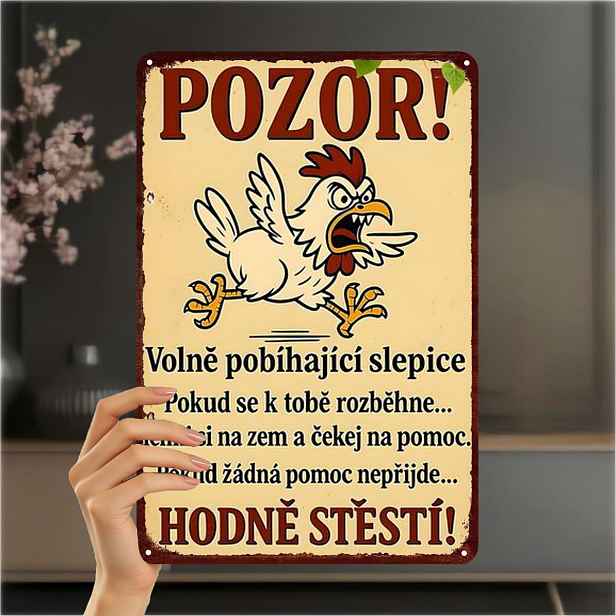 TEMU 2D Plochá, 2D Plochá 1 ks, Železná umělecká cedule s pohyblivým kuřetem - "Pozor! Pozor!" Česká folklórní dekorace, Vtipná venkovská nástěnná
