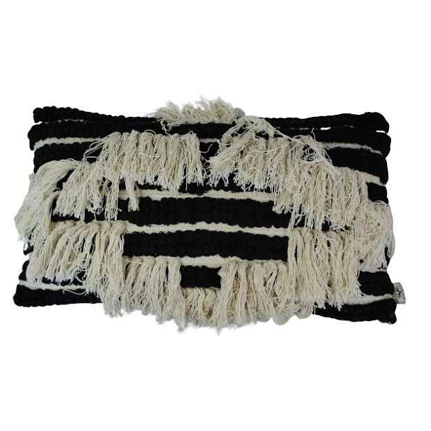 Černo-krémový polštář s třásněmi Boho  - 30*50cm Colmore by Diga