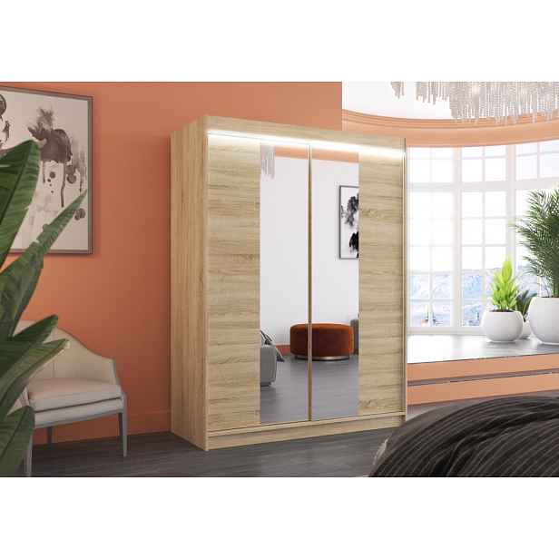 Šatní skříň se zrcadlem 150 cm s LED osvětlením CAFA - dub sonoma