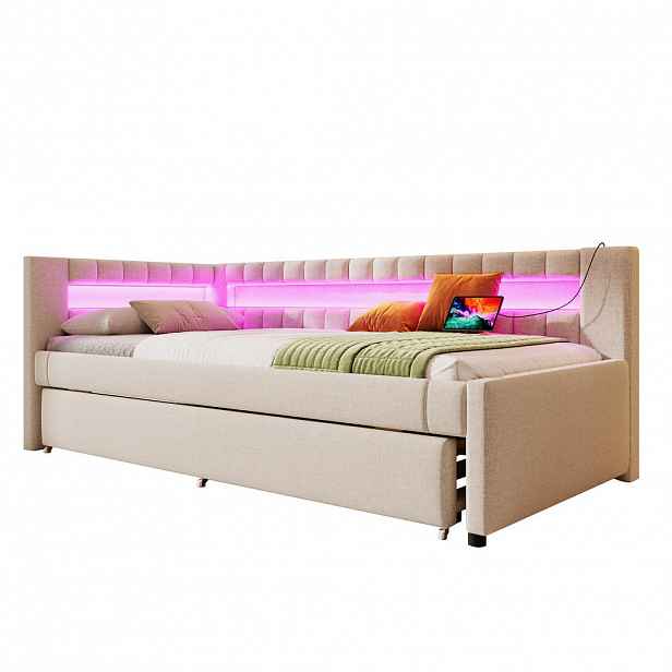 WISHDOR POSTEL 90/200 cm & 90/190 cm v béžové lněné látce s výsuvným lůžkem, LED osvětlením, USB a Type-C
