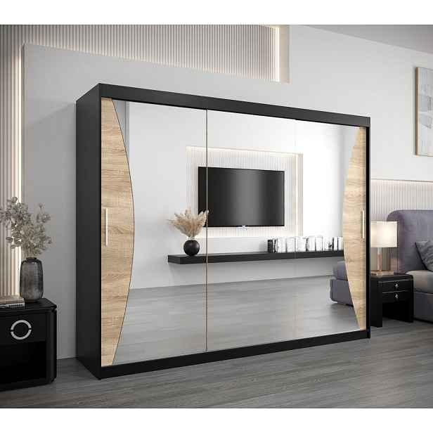 Skříň s posuvnými dveřmi AJA - šířka 250 cm, černá / dub sonoma