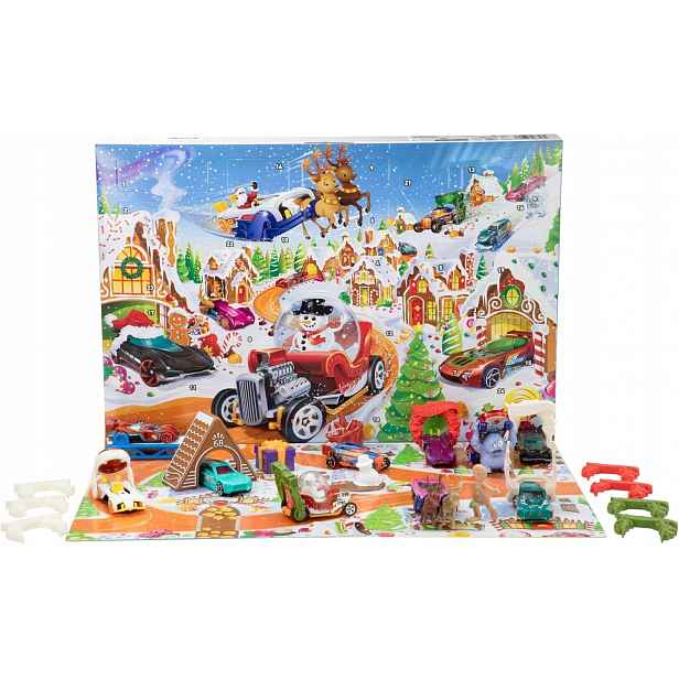 Adventní kalendář Hot Wheels Mattel 2025 10 autíček 14 doplňků