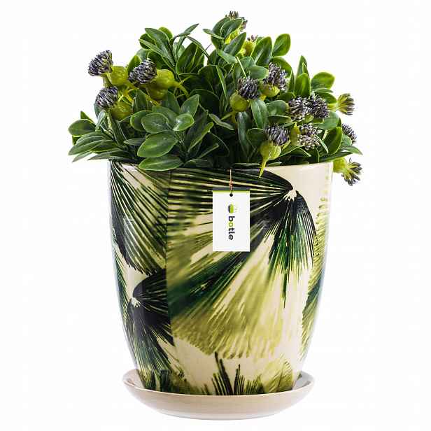 Květináč Keramika kulatá Ø23 cm H 25,5 cm Krémově zelené listy