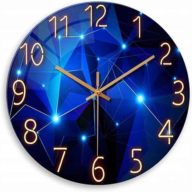 Nástěnné hodiny 14 palců, moderní, skleněné, tiché – modré