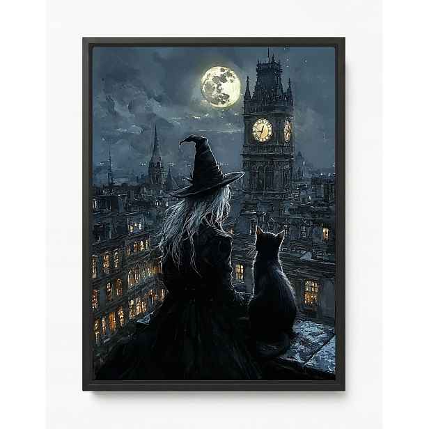Obraz Rám Americká Krabička Čarodějka Černá Kočka Měsíc Noc Gothic Dark 60x80