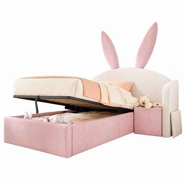 CHICFURN DĚTSKÁ POSTEL 90/190 cm v béžové a růžové barvě se sametovým potahem a úložným prostorem