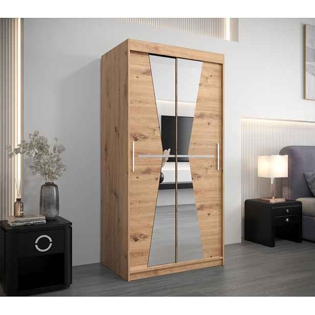 Šatní skříň se zrcadly MILANA - šířka 100 cm, dub artisan