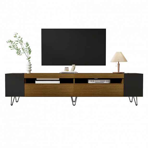 Modfu TV stolek z MDF a dřevotřísky 180x36x43 cm černá/dekor dřeva se 2 dvířky, otevřenými přihrádkami a bočními policemi