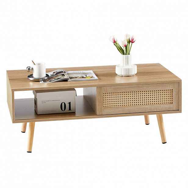 OKWISH KONFERENČNÍ stolek 105/55/40 cm přírodní z MDF s ratanovými posuvnými dvířky