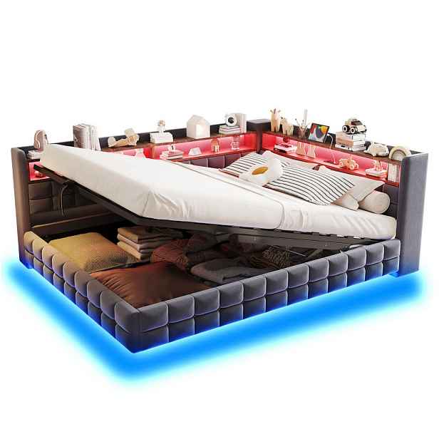 Redom SAMETOVÁ postel 140/200 cm s LED osvětlením, USB, USB-C, zásuvkou, hydraulickým úložným prostorem a policemi, šedá
