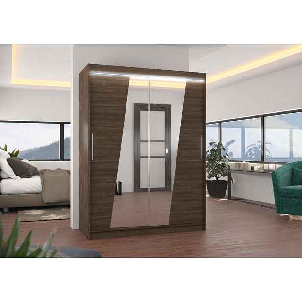 Šatní skříň se zrcadlem 150 cm s LED osvětlením DAFA - tmavě hnědá