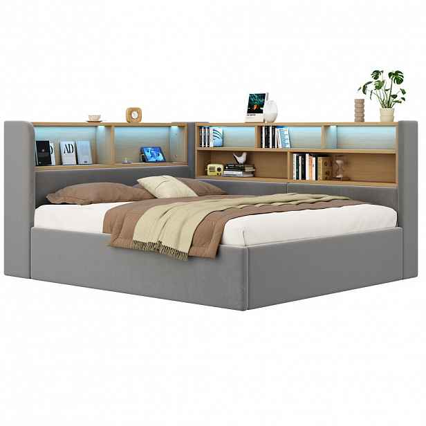 CHICFURN ČALOUNĚNÁ POSTEL 140/200 cm v šedé barvě ze sametu s úložným prostorem, LED osvětlením a USB