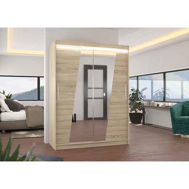 Šatní skříň se zrcadlem 150 cm s LED osvětlením DAFA - dub sonoma