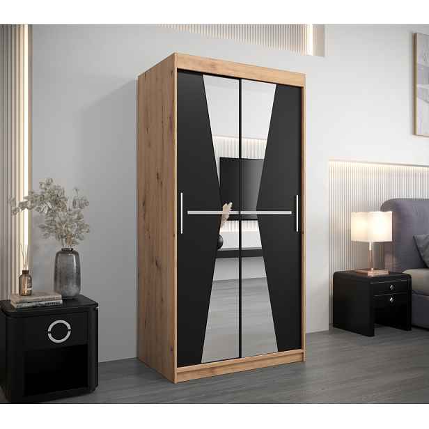 Šatní skříň se zrcadly MILANA - šířka 100 cm, dub artisan / černá