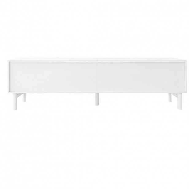 Modfu TV stolek z MDF a dřevotřísky 169x34x45,5 cm bílý se 4 dvířky, policemi a bezúchytkovým designem