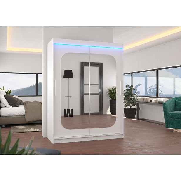 Šatní skříň se zrcadlem 150 cm a LED osvětlením QUELA - bílá