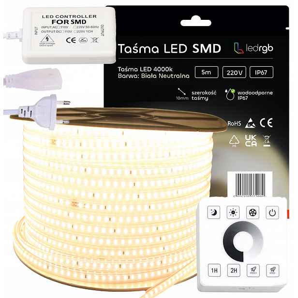 Set Led pásek Smd 230V 5 m 4000K Bílý Neutrální Stmívač Dálkový Ovladač Rf IP67