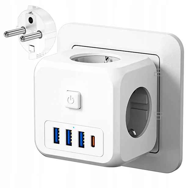 Rozbočka Síťový Rozbočovač Rozdvojka 3 Zásuvky Eu 3x Usb Usb-c C