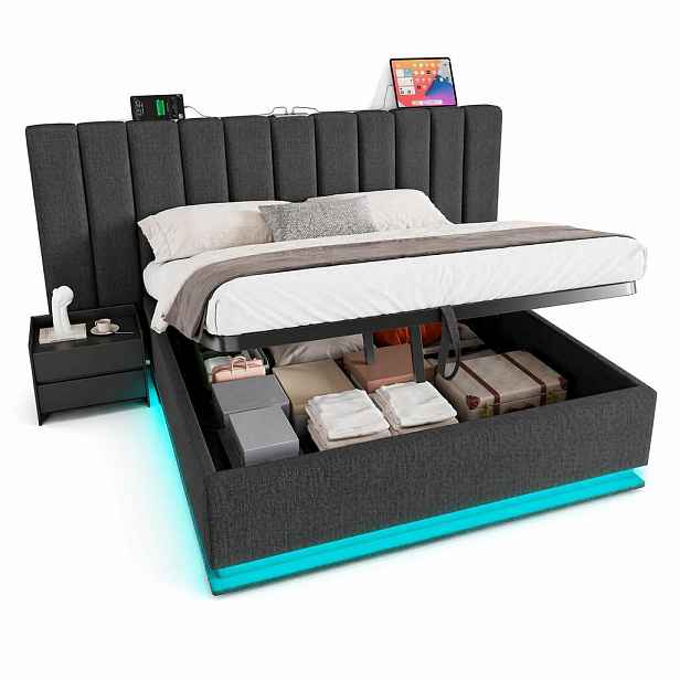CHICFURN ČALOUNĚNÁ POSTEL 180/200 cm v šedé barvě s úložným prostorem, LED a USB-C