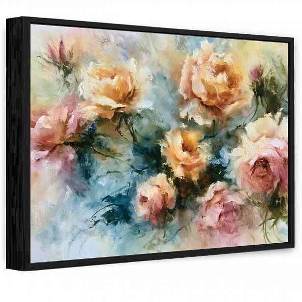 Obraz V Černém Rámu Na Plátně Květiny Růže Pastel Obývací Pokoj Ložnice 90x60