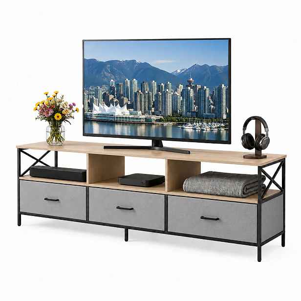 Relaxdays TV-SKŘÍŇKA greige-černá látkové zásuvky 150 cm