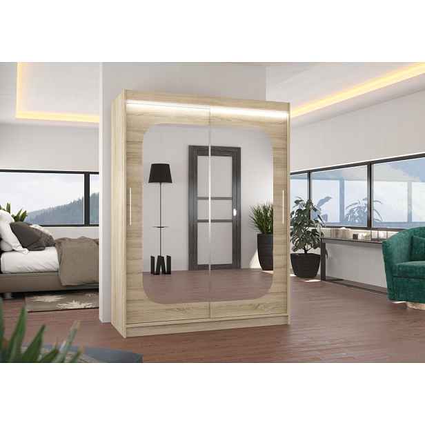 Šatní skříň se zrcadlem 150 cm a LED osvětlením QUELA - dub sonoma