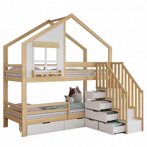 CHICFURN PATROVÁ POSTEL 90/200 cm v bílé a přírodní barvě se zásuvkami